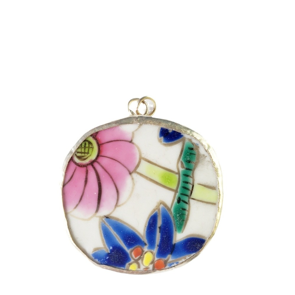 Floral Porcelain Pottery Shard Pendant Pink & Blue Vintage Broken China Jewelry - Picture 1 of 12